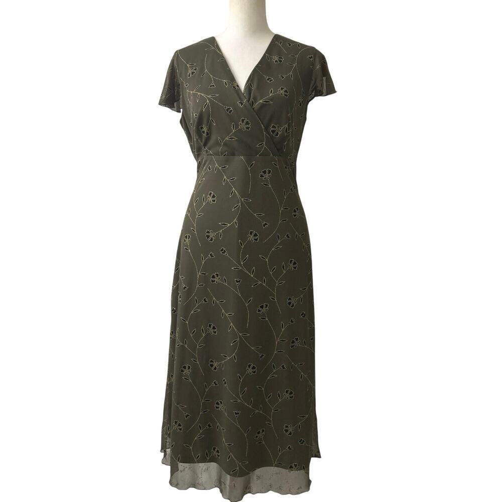 AGB Green Sequin Floral Babydoll Y2K Vtg  Flutter Sleeve Midi Dress Fairy Size 8